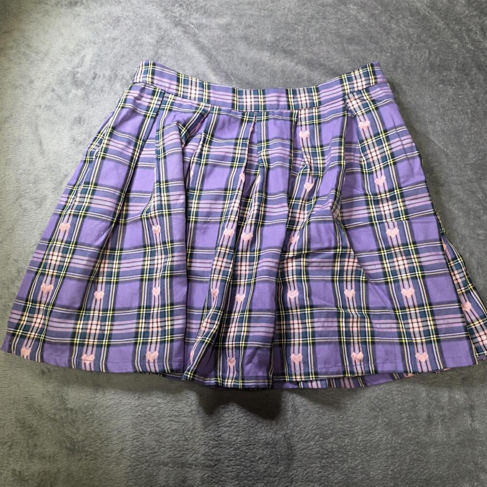 Hot Topic Skirt Juniors Large Purple Plaid Pleated Pink Heart Twill Mini